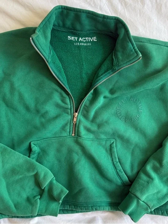 SET ACTIVE Green Cropped Half Zip Sweatshirt S Oversized French Terry Pullover - Picture 2 of 6